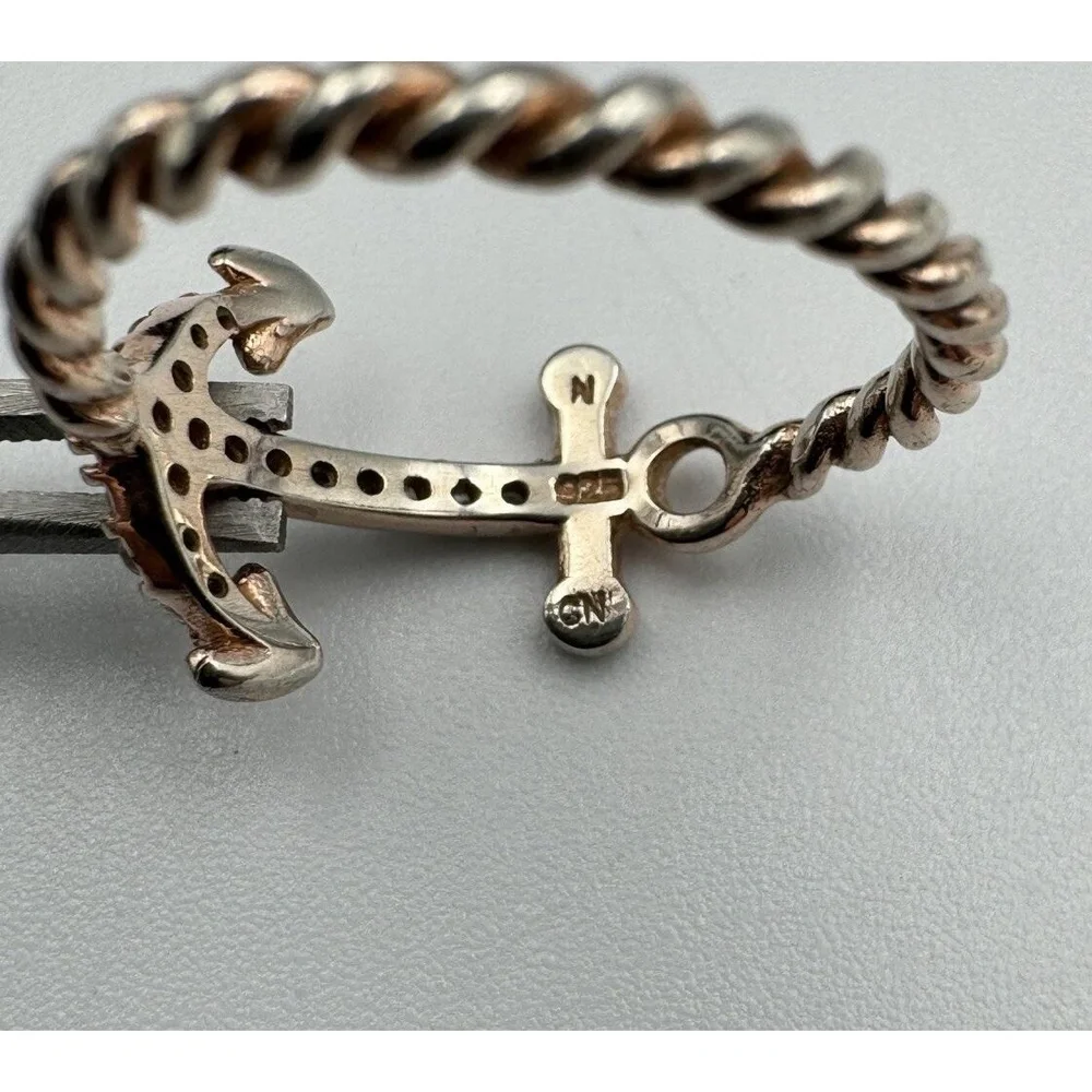 Sterling Silver 925 Rose Gold‎ Plated Pave CZ Anchor Nautical Mariner Ring 6.75